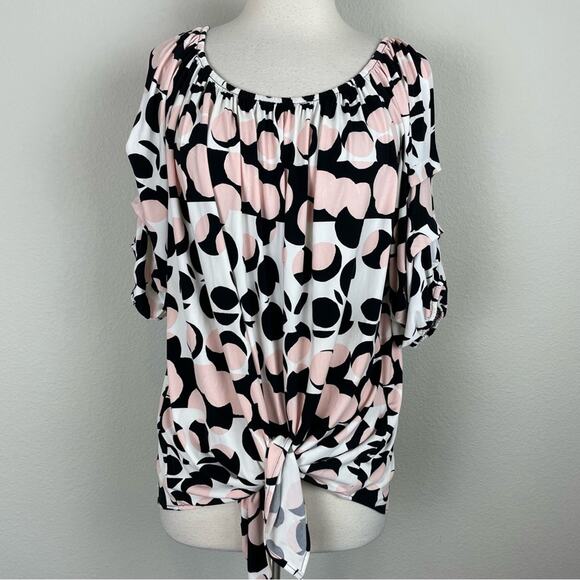Joseph Ribkoff Pink Black White Knit On or Off Shoulder Abstract Circle Top 12 - Picture 2 of 8